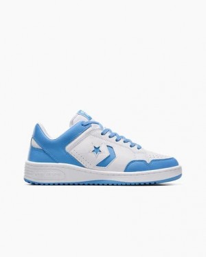White / Blue Converse Weapon Leather Women Basketball Shoes Canada | C-67304159