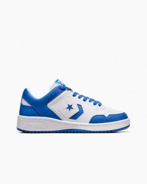 White / Blue Converse Weapon Leather Women Basketball Shoes Canada | C-69403289