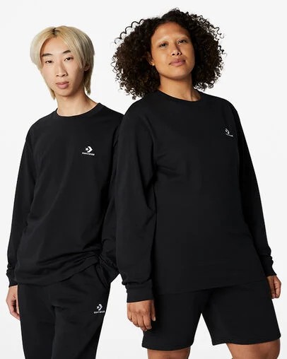 Black Converse Go-To Embroidered Star Chevron Standard-Fit Women T Shirts Canada | C-45796289