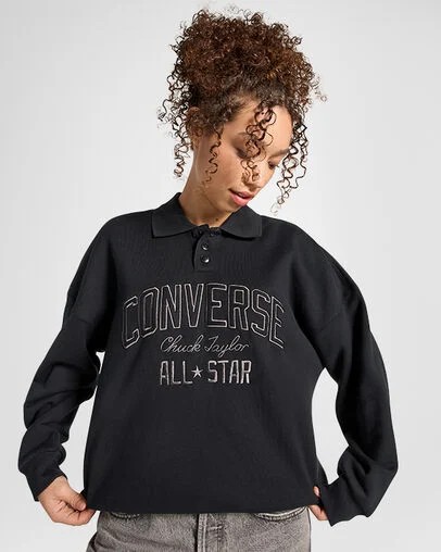 Black Converse Retro Polo Crew Women Polo Shirts Canada | C-94817509