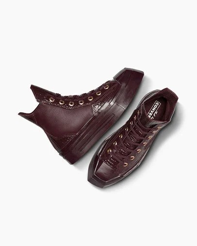 Burgundy / Gold / Black Converse Chuck 70 De Luxe Squared Leather Women Sneakers Canada | C-53170849