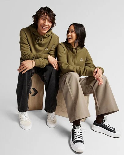 Olive Converse Go-To Embroidered Star Chevron Standard-Fit Fleece Men Hoodie Canada | C-94152379