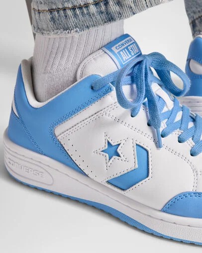 White / Blue Converse Weapon Leather Women Basketball Shoes Canada | C-67304159