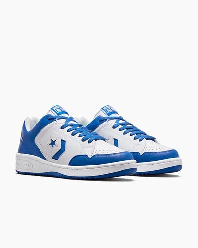 White / Blue Converse Weapon Leather Women Basketball Shoes Canada | C-69403289