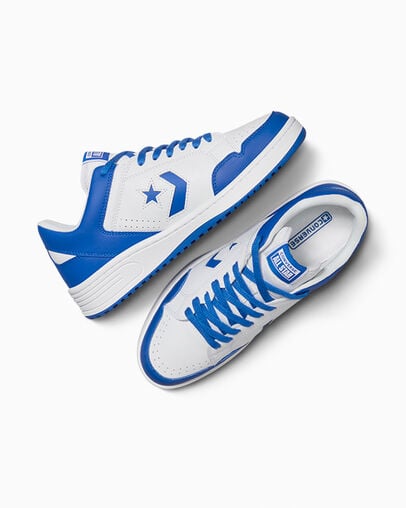 White / Blue Converse Weapon Leather Women Basketball Shoes Canada | C-69403289