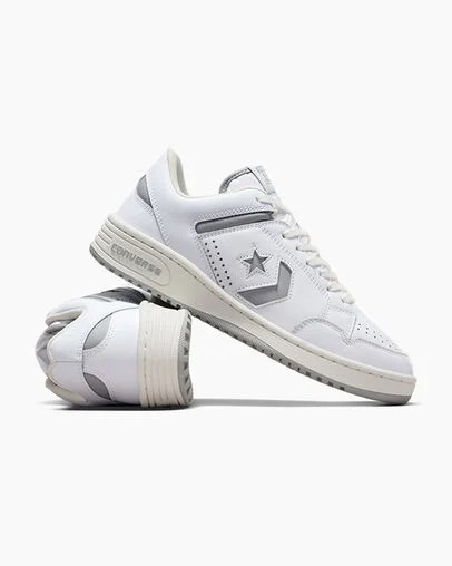 White / Grey Converse Weapon Leather Women Basketball Shoes Canada | C-78063499